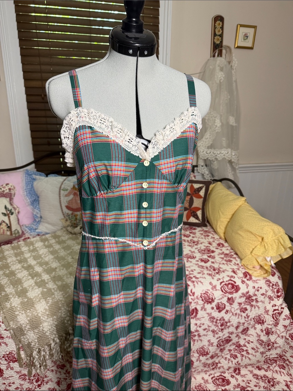 Vintage Green and Pink Plaid Lace-Trim Sundress - Picture 2 of 7